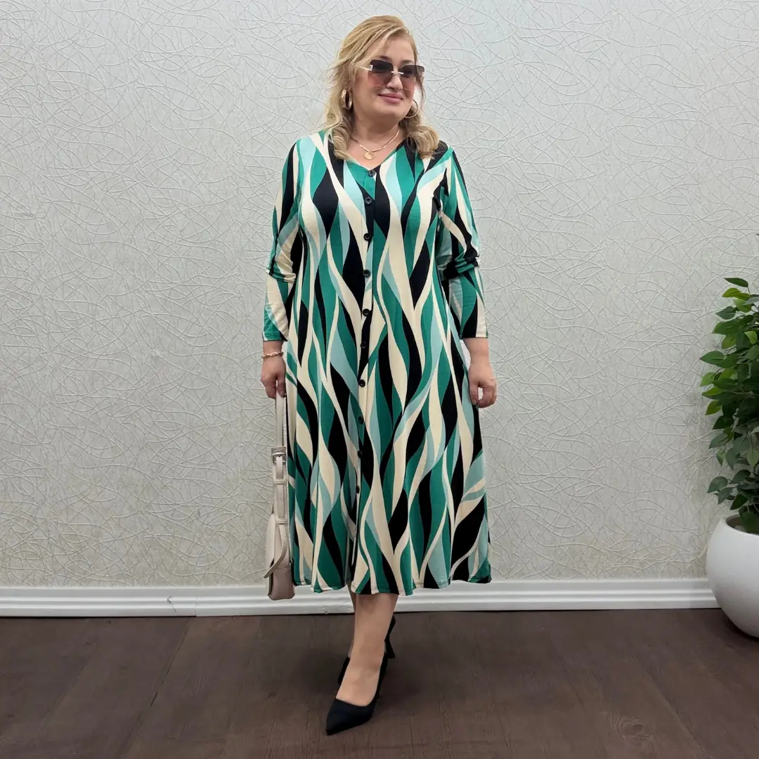 Düğmeli Uzun Kollu Penye Elbise · Mint Desenli