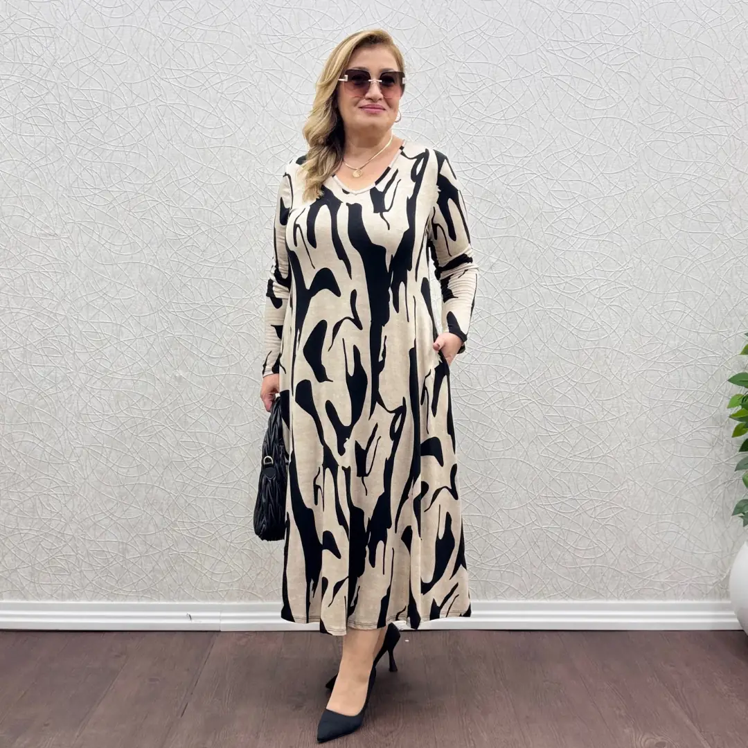 Likralı V Yaka Uzun Kollu Penye Elbise · Lara Desen